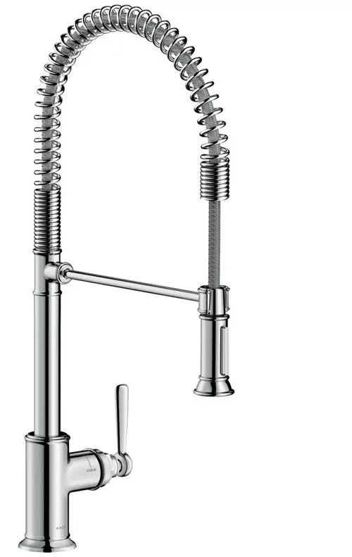 Küchenmischer von AXOR mit flexibler Auslaufbrause und Hebel zur Temperaturregulierung, gemacht aus verchromtem Material.